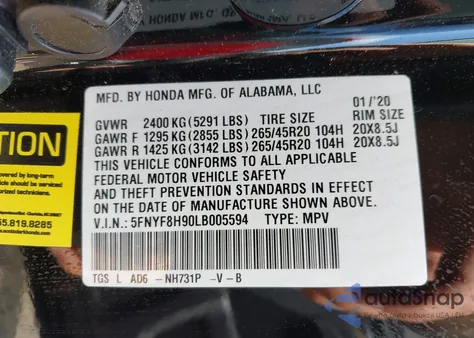 2020 Honda Passport Touring z USA, uszkodzony, nr VIN 5FNYF8H90LB005594
